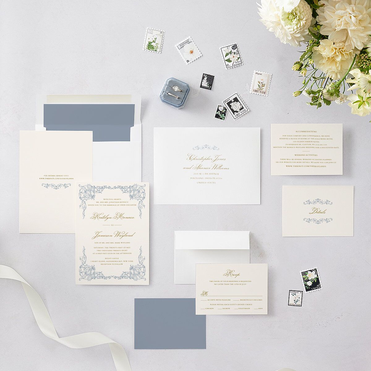 Romantic Rococo Wedding Invitations Dusty Blue Signature Blank No Standard