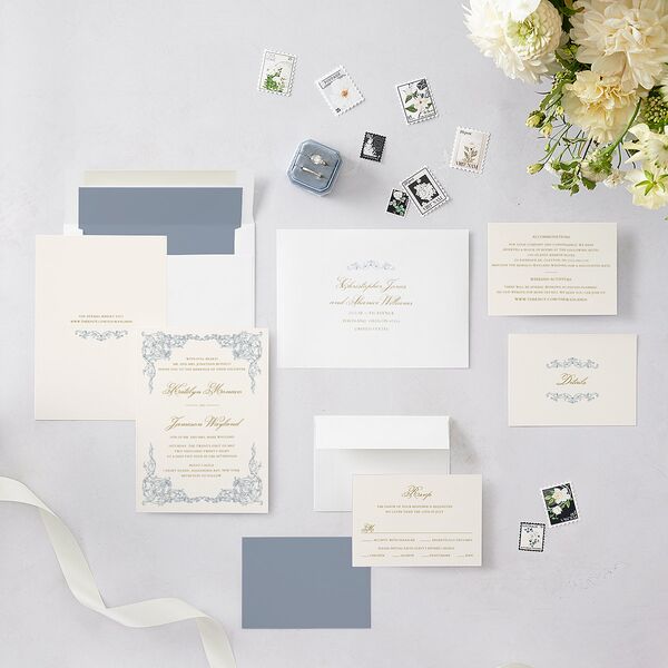 Romantic Rococo Wedding Invitations Dusty Blue Signature Blank No Standard
