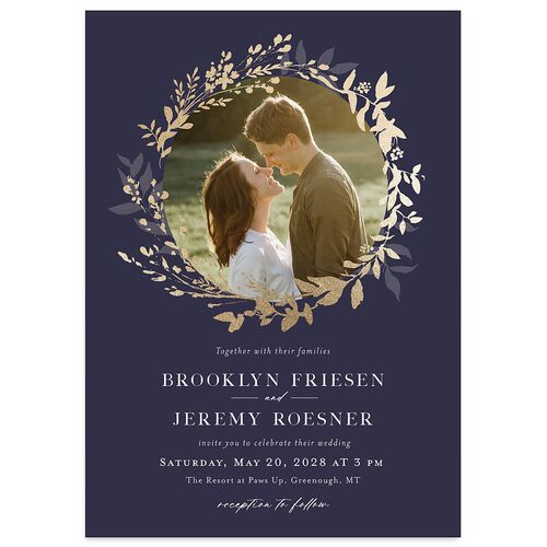 Shining Wreath Foil Wedding Invitations Navy Gold Signature Blank No Standard