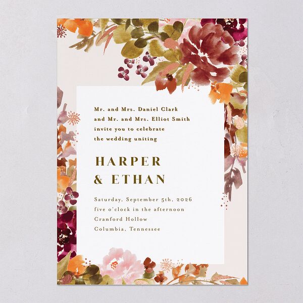 Fall Garland Wedding Invitations Rose Gold Peony Signature Blank No