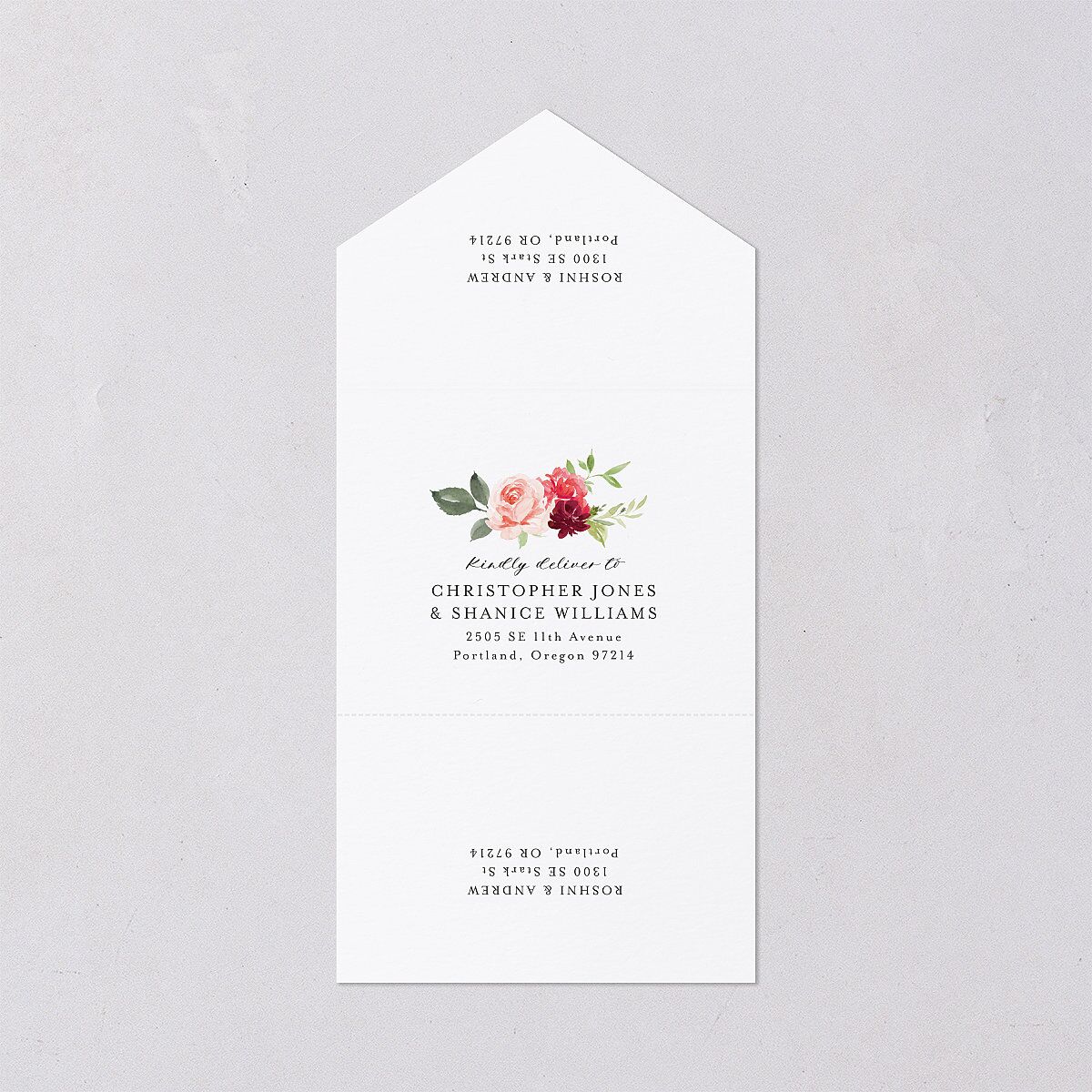 Vibrant Floral All-in-One Wedding Invitations Raspberry Signature Light Both Recipient and Return Addresses