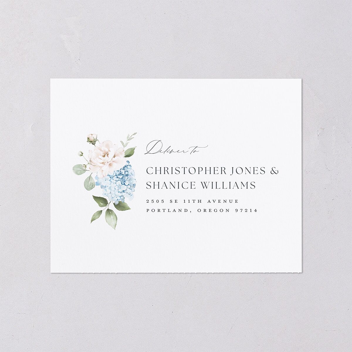 Elegant Peonies and Hydrangeas All-in-One Wedding Invitations Baby Blue Signature Light Both Recipient and Return Addresses No
