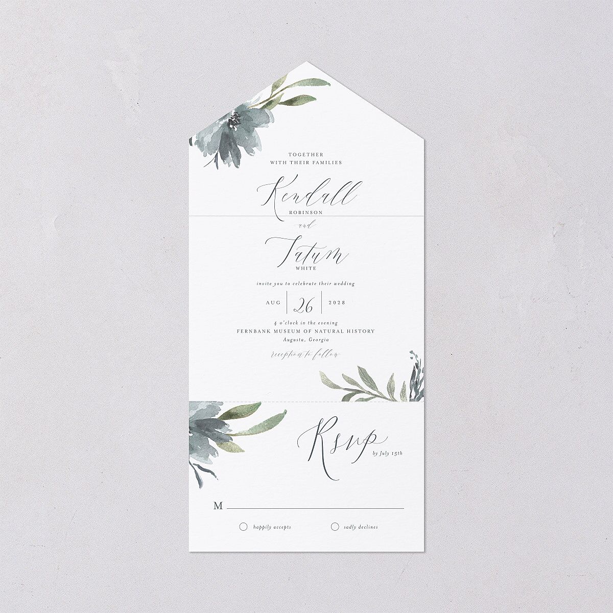 Muted Floral All-in-One Wedding Invitations Dusty Blue Signature Light Both Recipient and Return Addresses No