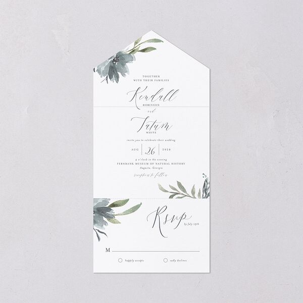 Muted Floral All-in-One Wedding Invitations Dusty Blue Signature Light Both Recipient and Return Addresses No
