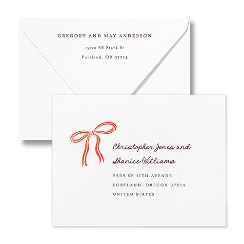 Striped Bow Photo Thank You Card Euro Envelopes White Ruby Both Recipient and Return Addresses Luxe Signature