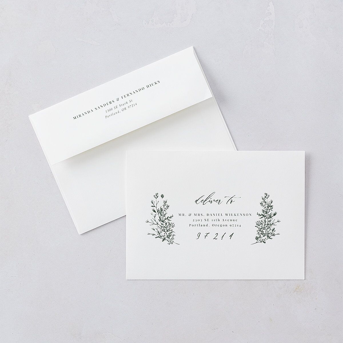 Botanical Branches Rehearsal Dinner Invitation Envelopes White Standard Dark Night Both Recipient and Return Addresses Signature