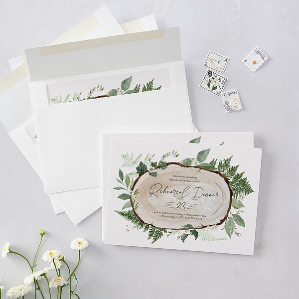 Fairytale Woodgrain Slab Rehearsal Dinner Invitations Pure White Signature Blank Standard