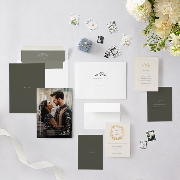 Delicate Vines Foil Save the Date Cards Gold Hunter Green Signature smooth Blank No Standard