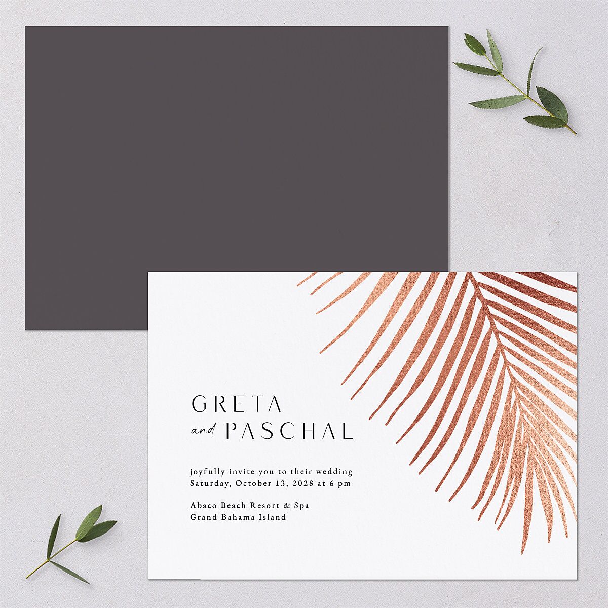 Lavish Palm Wedding Invitations Rose Gold Pure White Signature Blank No Standard
