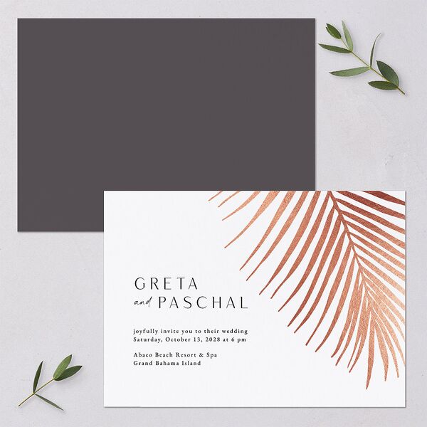 Lavish Palm Wedding Invitations Rose Gold Pure White Signature Blank No Standard