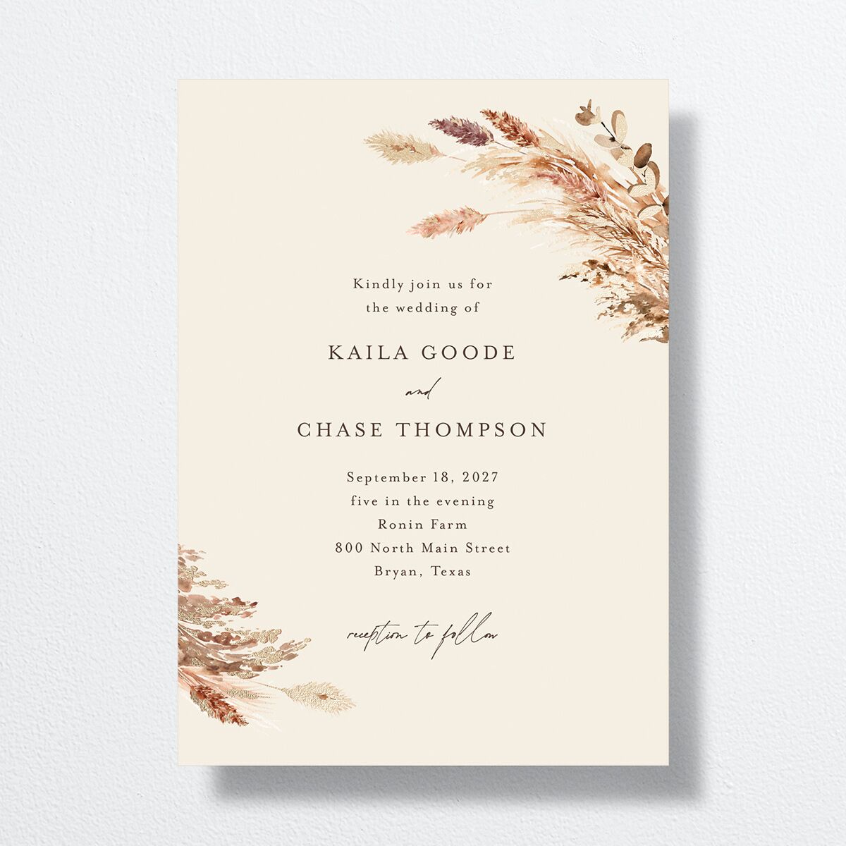 Soft Pampas Foil Wedding Invitations Gold Sepia Signature No