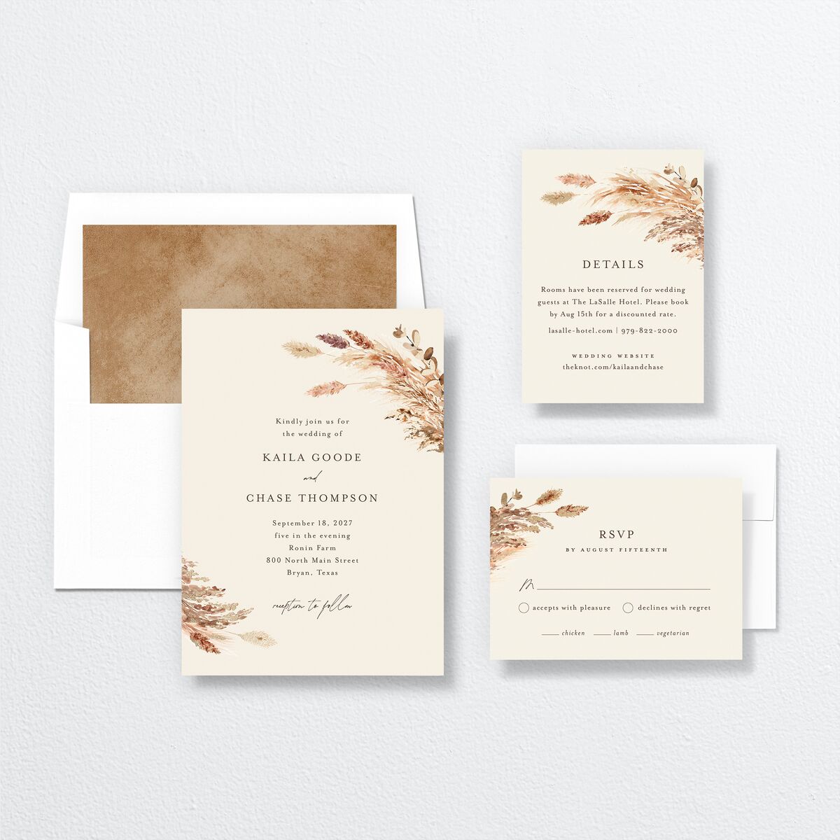 Soft Pampas Foil Wedding Invitations Gold Sepia Signature No