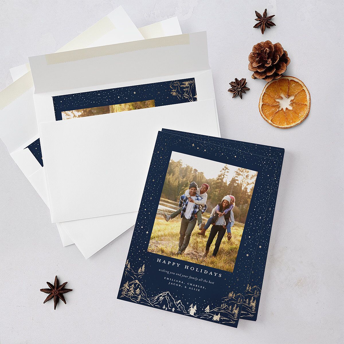Mountain Retreat Holiday Cards Gold Navy Signature Blank Standard Portrait