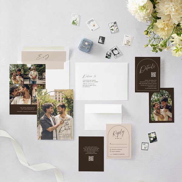 Scripted Arch Save the Date Cards Deep Bronze Signature smooth Blank No Standard