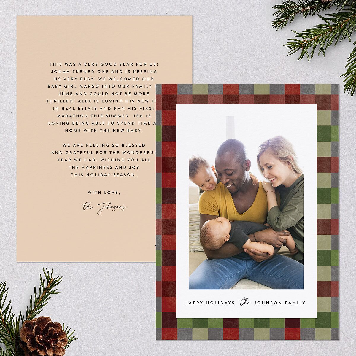 Plaid Window Holiday Cards Rust Signature Blank Standard Portrait