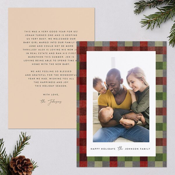 Plaid Window Holiday Cards Rust Signature Blank Standard Portrait