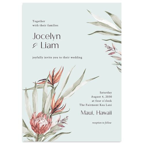 Tropical Flora Hawaii Wedding Invitations Pale Blue Signature Blank No Standard