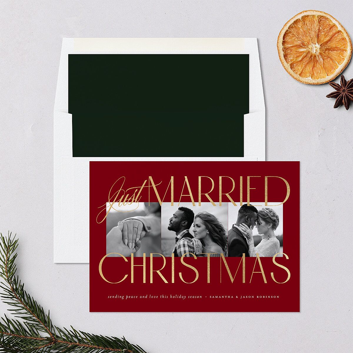 Just Married Christmas Holiday Cards Gold Jewel Red Signature Blank Standard Landscape