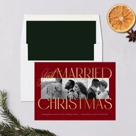 Just Married Christmas Holiday Cards Gold Jewel Red Signature Blank Standard Landscape