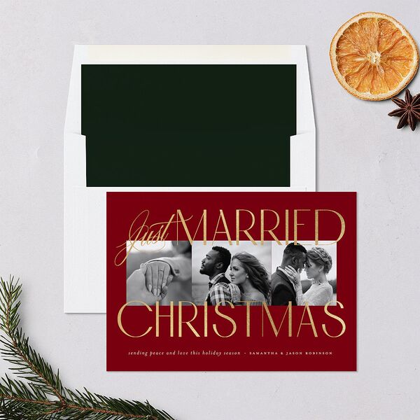 Just Married Christmas Holiday Cards Gold Jewel Red Signature Blank Standard Landscape