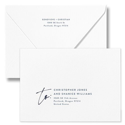 Written Names Save The Date Card Euro Envelopes Navy White Return Address Luxe Signature