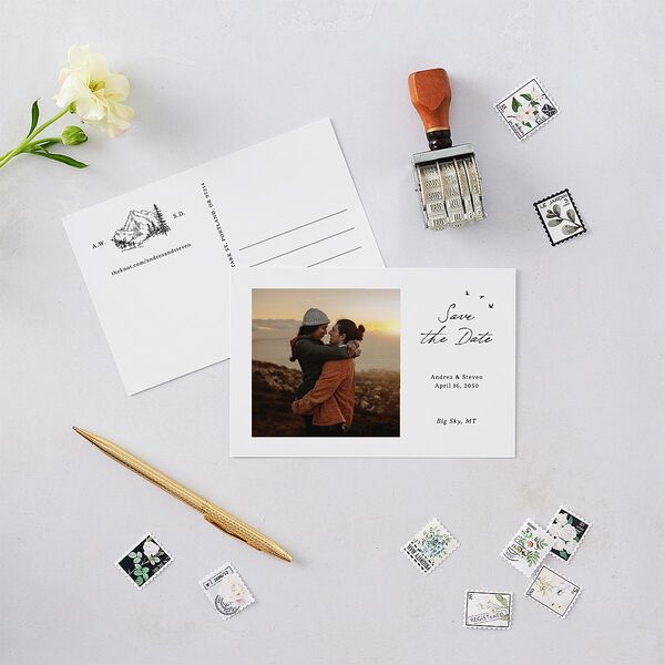Elegant Mountain Monogram Save the Date Postcards Pure White