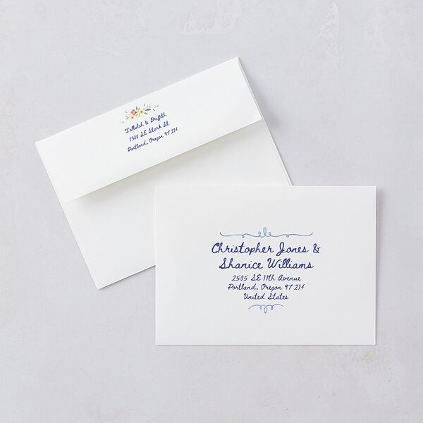 Countryside Crest Bridal Shower Invitation Envelopes White Royal Blue Both Recipient and Return Addresses Signature Standard