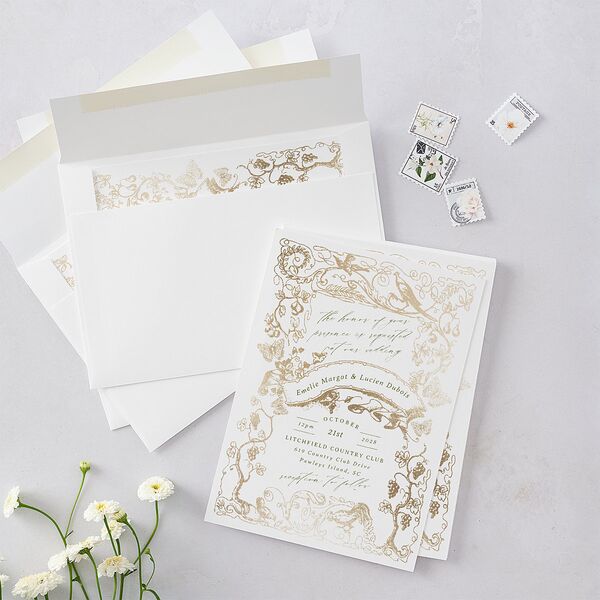 Vintage Toile Foil Wedding Invitations Gold Greenery Signature Blank No Standard