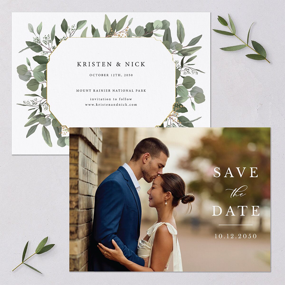 Eucalyptus Frame Save The Date Cards — view 1