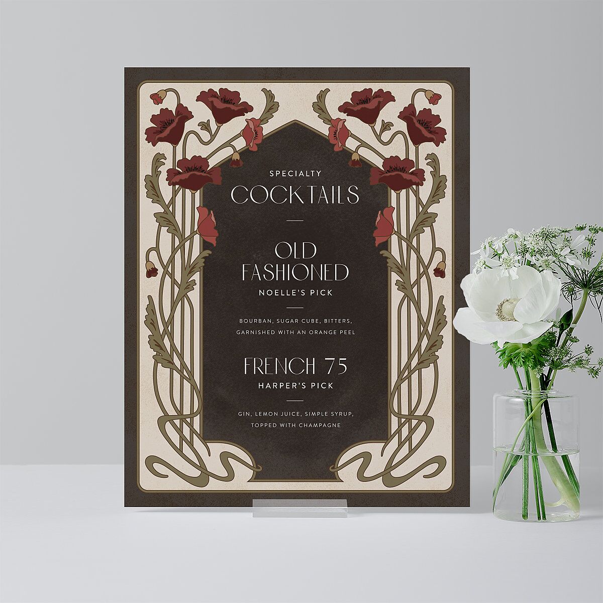Vintage Nouveau Floral Standard Bar Tabletop Sign Small Merlot Standard Indoor Foam Core S Tabletop Bar