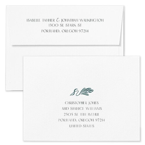 Elegant Nouveau Save The Date Card Envelopes White Dark Emerald Both Recipient and Return Addresses Signature Standard