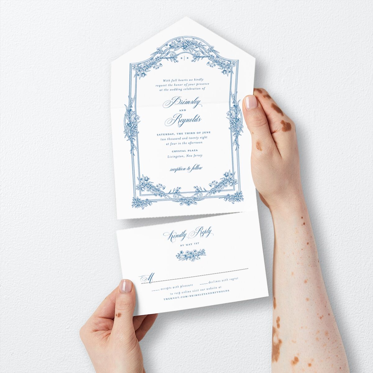 Elegant Antique Toile Frame All-in-One Wedding Invitations by Bridgerton Cruise Signature Light Both Recipient and Return Addresses No