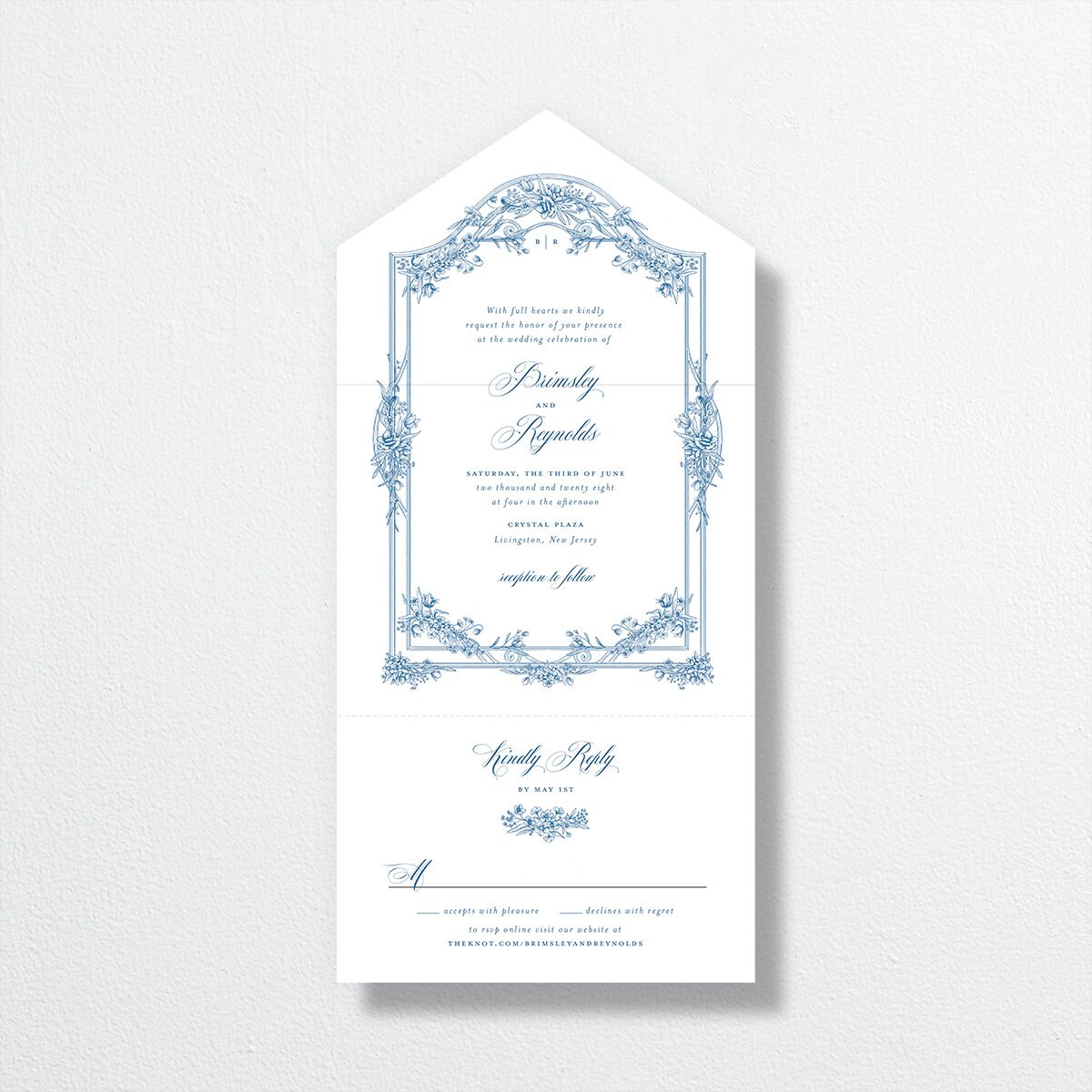 Elegant Antique Toile Frame All-in-One Wedding Invitations by Bridgerton Cruise Signature Light Both Recipient and Return Addresses No