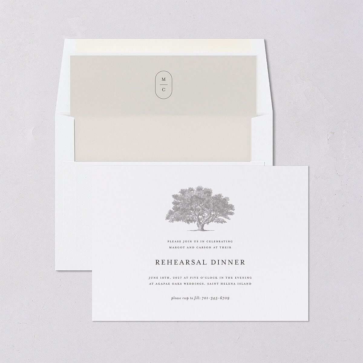 Southern Oak Tree Rehearsal Dinner Invitations Pure White Signature Blank