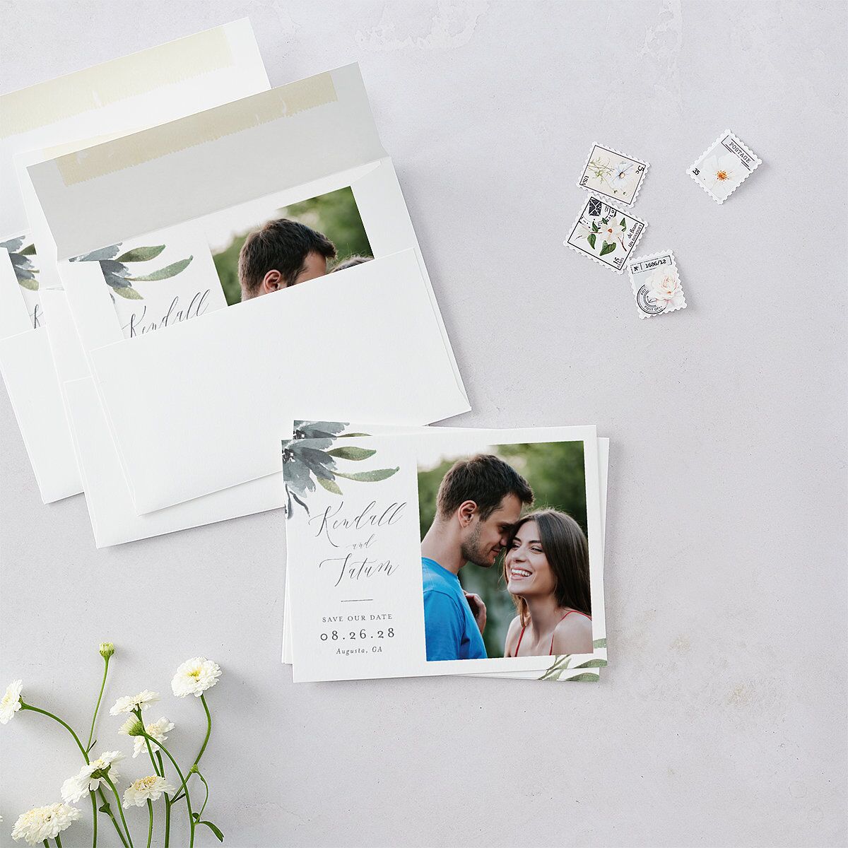 Muted Floral Save the Date Petite Cards Dusty Blue Signature smooth Blank No Standard