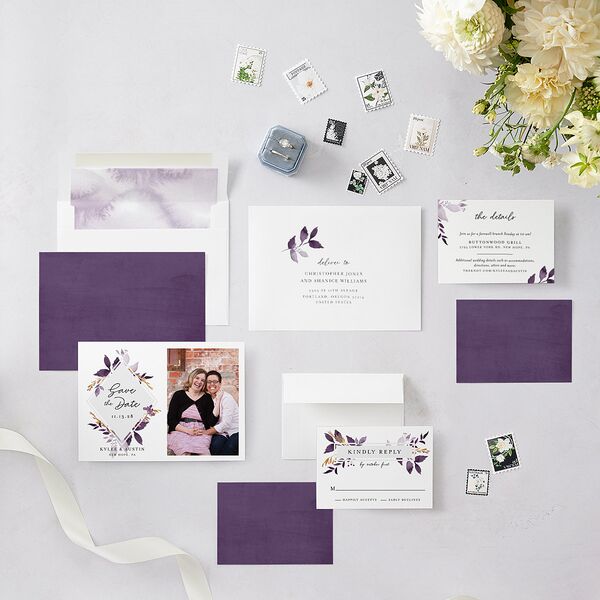 Leafy Frame Save The Date Cards Plum Signature smooth Blank No Standard