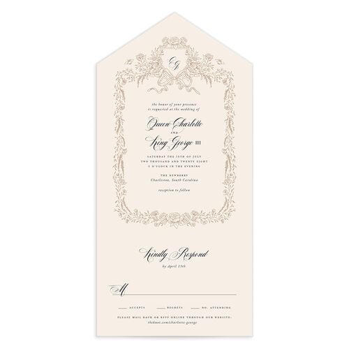 Rose Garden Crest All-in-One Wedding Invitations by Bridgerton Taupe Signature Light Both Recipient and Return Addresses No