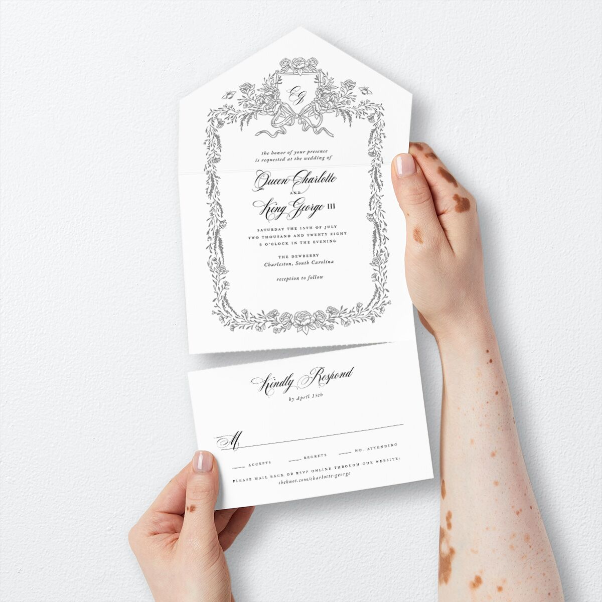 Rose Garden Crest All-in-One Wedding Invitations by Bridgerton — view 3