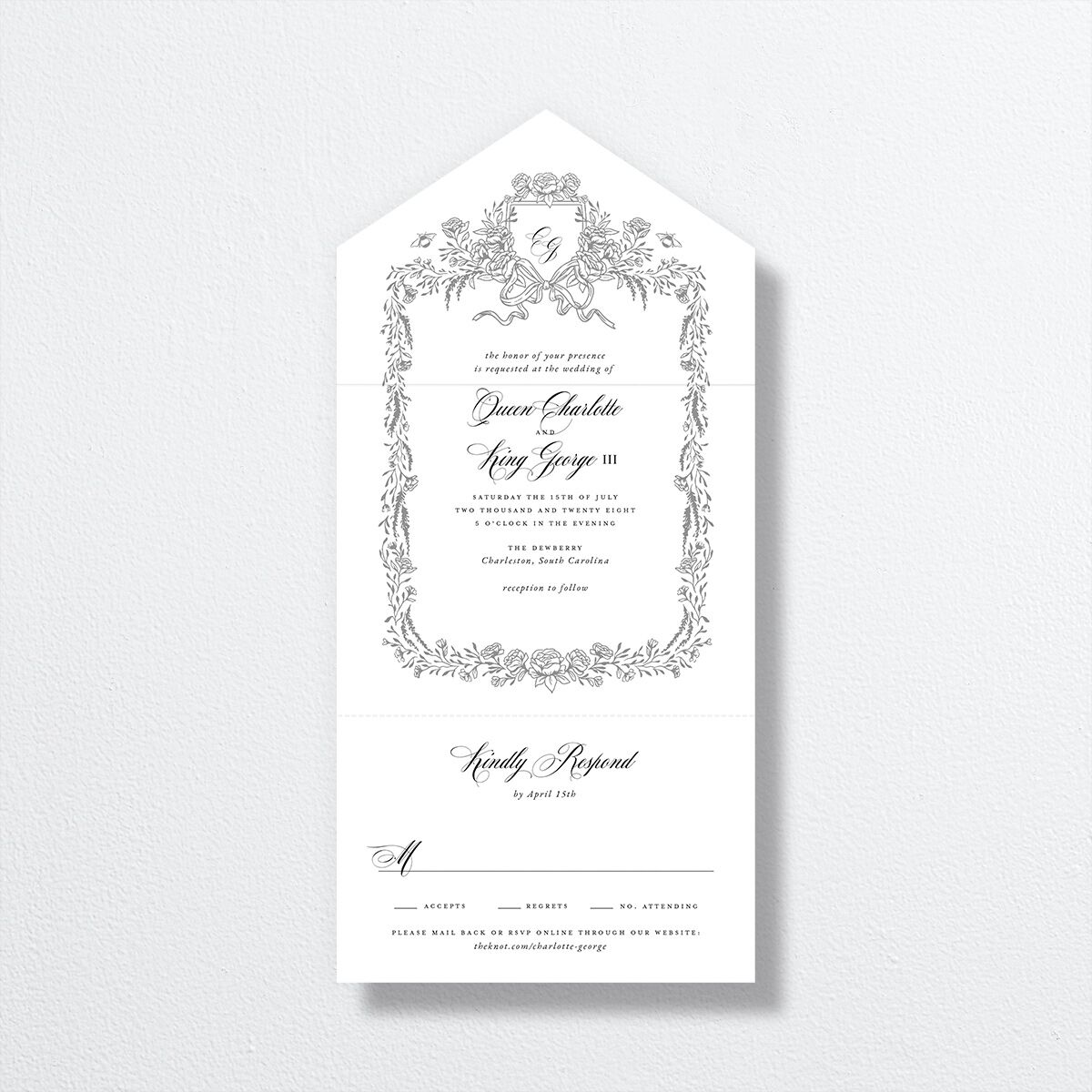 Rose Garden Crest All-in-One Wedding Invitations by Bridgerton — view 1