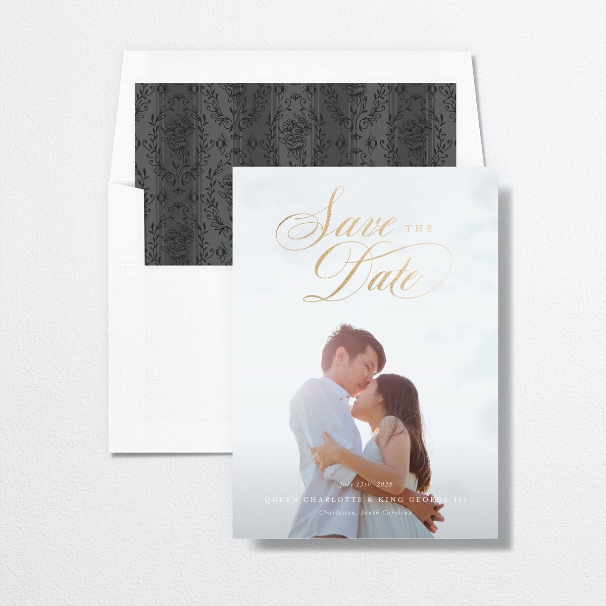 Rose Garden Crest Save the Date Cards by Bridgerton Gold Pure White Signature smooth No