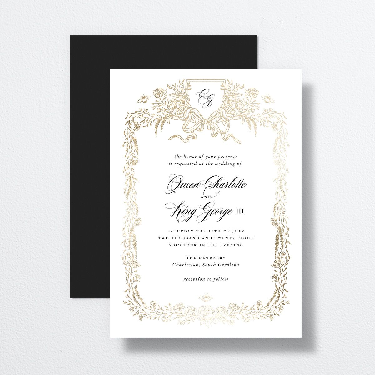 Rose Garden Crest Wedding Invitations by Bridgerton Gold Pure White Signature No