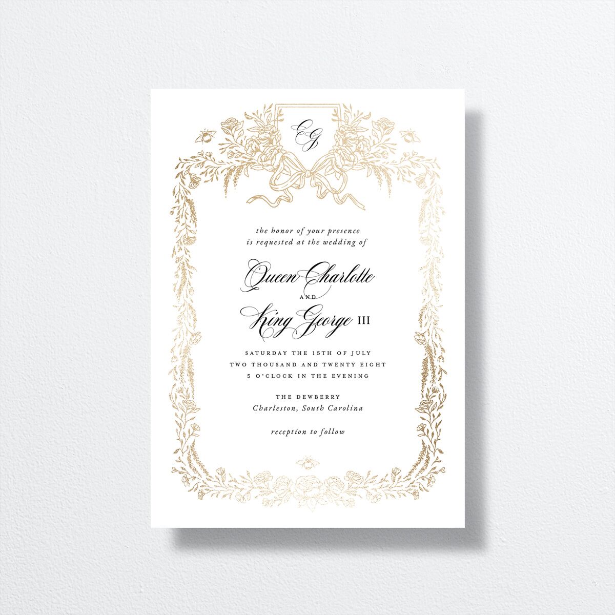 Rose Garden Crest Wedding Invitations by Bridgerton Gold Pure White Signature No