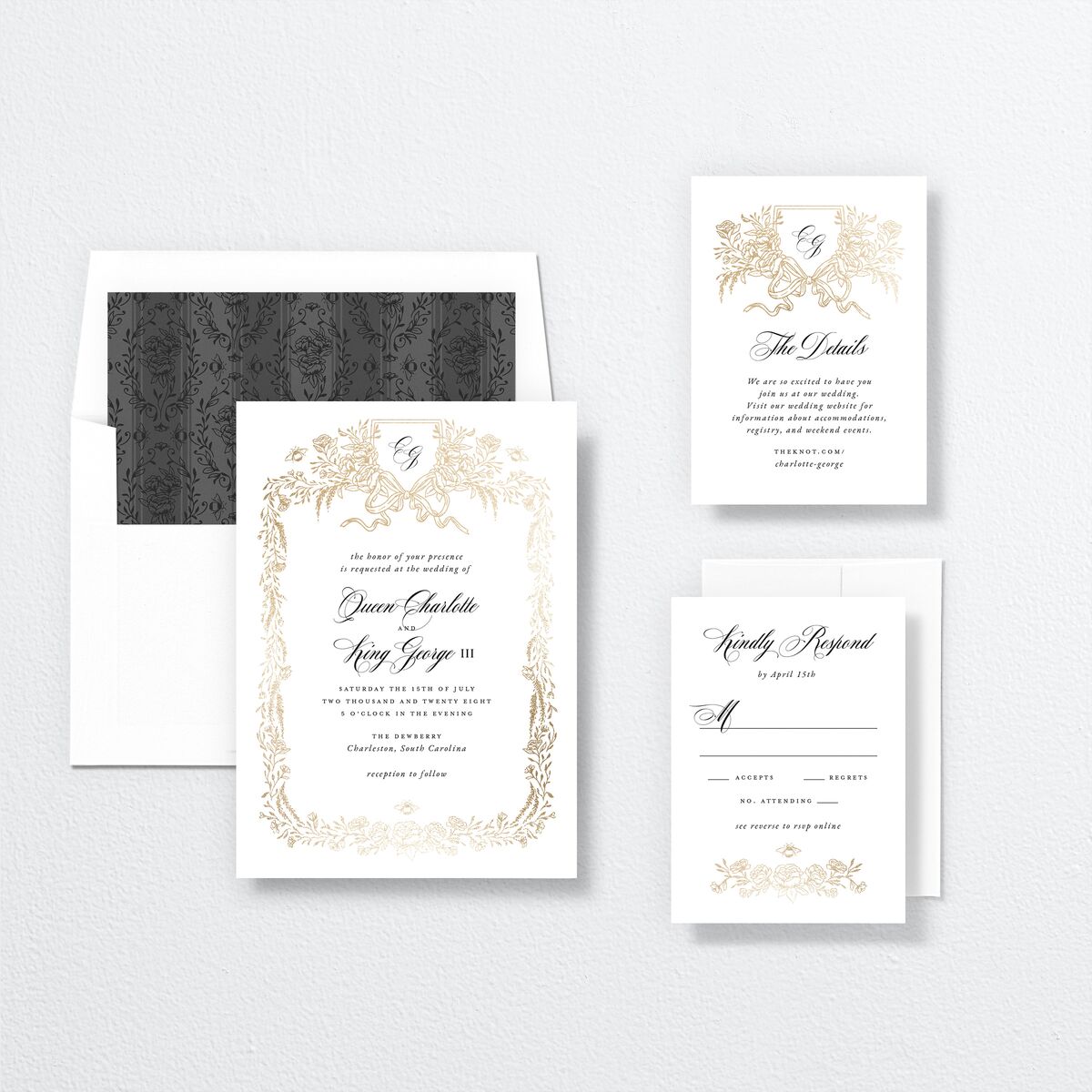 Rose Garden Crest Wedding Invitations by Bridgerton Gold Pure White Signature No