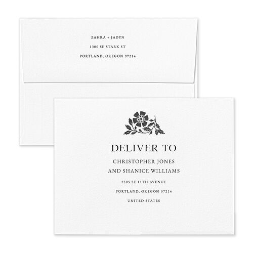 Block Print Save the Date Petite Card Envelopes Rose Charcoal Both Recipient and Return Addresses Signature Standard