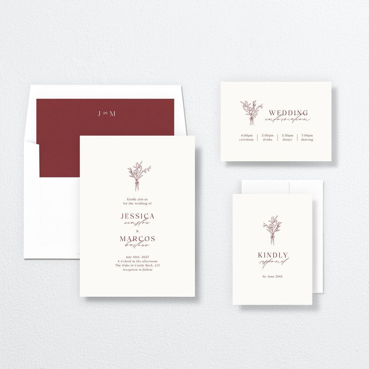 Simple Boho Flowers Wedding Invitations Raspberry Signature No