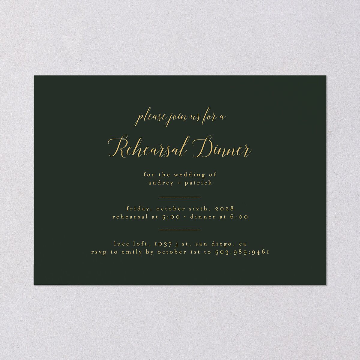 Marble and Gold Rehearsal Dinner Invitation Dark Emerald Signature Blank
