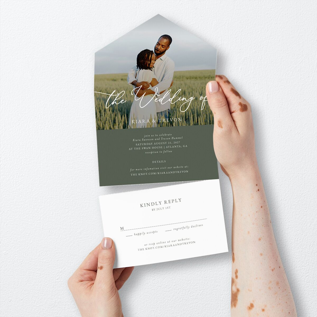 Romantic Photo All-in-One Wedding Invitations Hunter Green Signature Light Both Recipient and Return Addresses No