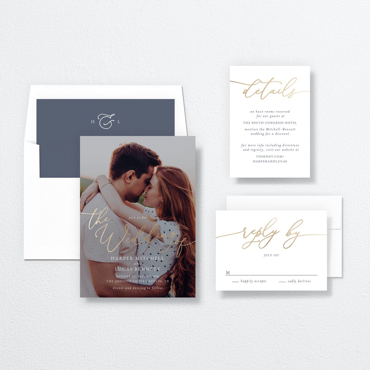 Gilded Photo Wedding Invitations Gold Midnight Navy Signature No