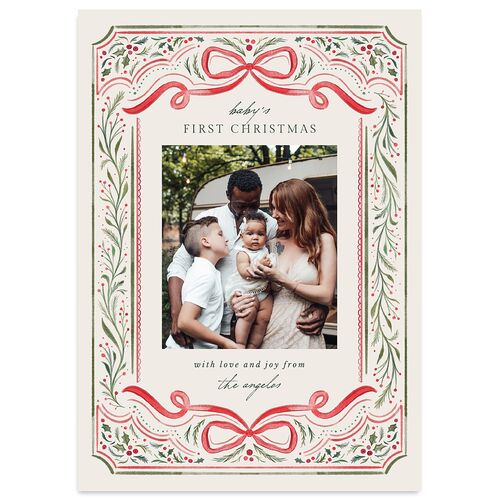 Baby's First Christmas Bow Garland Holiday Cards Ruby Signature Blank Portrait  Standard