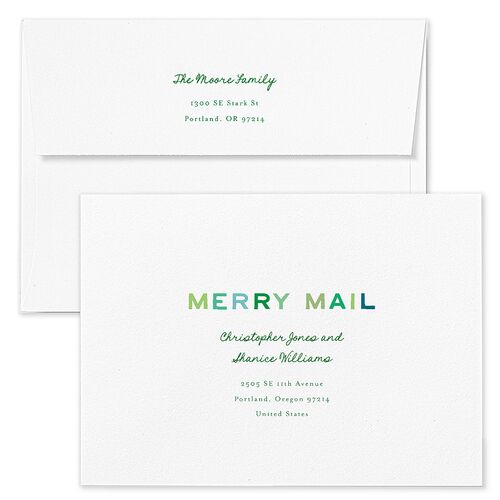 Very Merriest Retro Christmas Holiday Card Envelopes White Aquamarine Both Recipient and Return Addresses Standard Signature